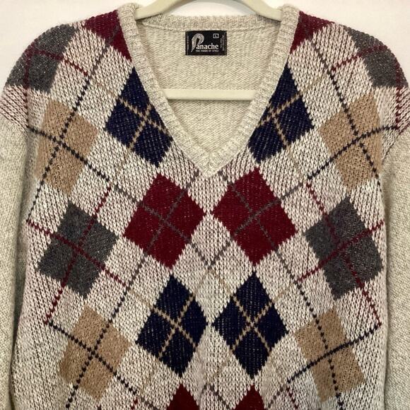 Panache Vintage 80s 90s Shetland Wool Diamond Print VNeck Sweater Sz L Academia - Picture 2 of 8